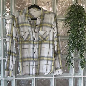 Lightweight Plaid Button-Up Shirt in White, Gray & Yellow